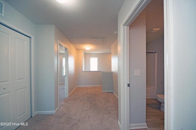 hallway featuring light carpet