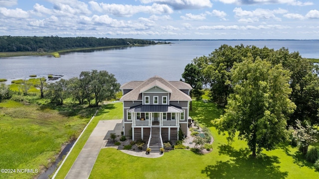 drone / aerial view featuring a water view