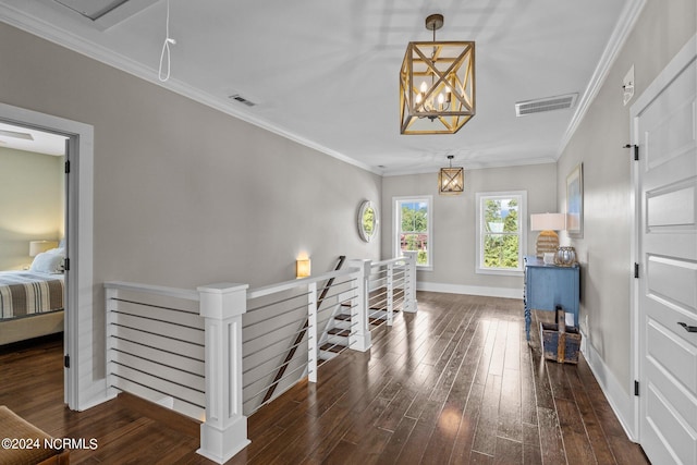 interior space featuring ornamental molding and dark hardwood / wood-style floors