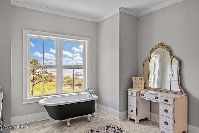 bathroom featuring a wealth of natural light, crown molding, a bath, and vanity