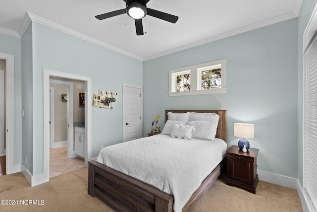 carpeted bedroom featuring crown molding and ceiling fan