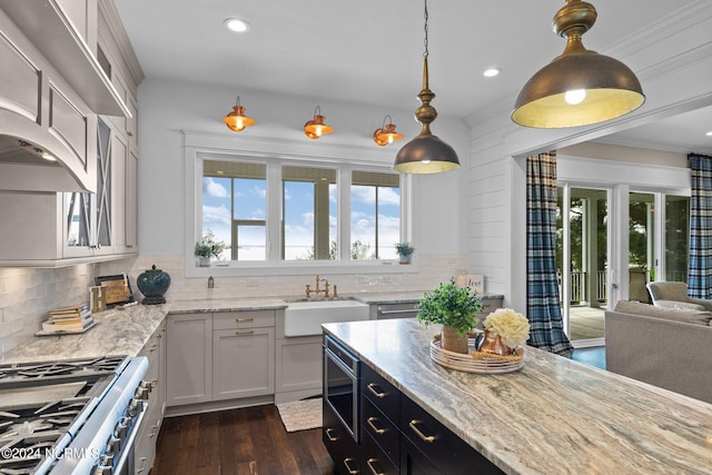 kitchen featuring tasteful backsplash, dark wood-style floors, appliances with stainless steel finishes, light stone counters, and a sink