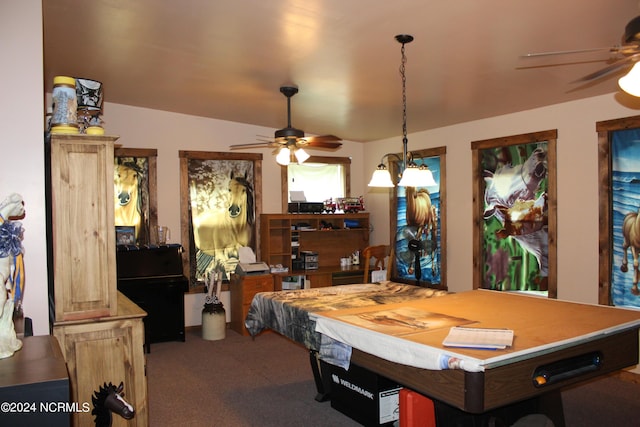 playroom with ceiling fan and carpet floors