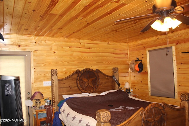 bedroom featuring wooden ceiling, ceiling fan, and wooden walls