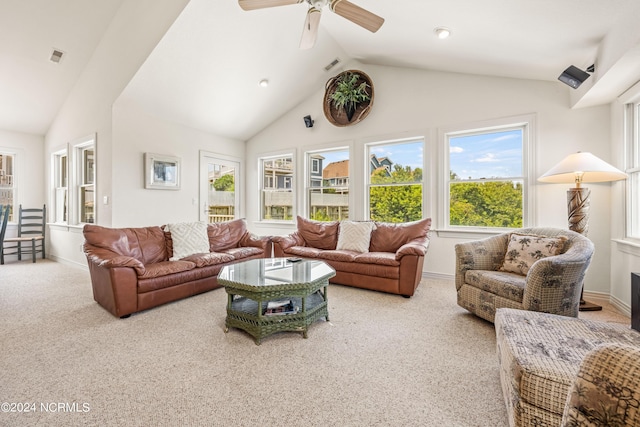 living room with carpet floors, visible vents, vaulted ceiling, and baseboards