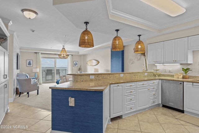 kitchen featuring dishwasher, light stone counters, and white cabinetry