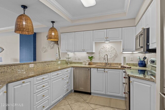 kitchen with white cabinets, a tray ceiling, stainless steel appliances, and sink