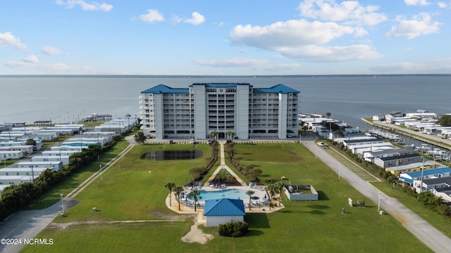 drone / aerial view with a water view