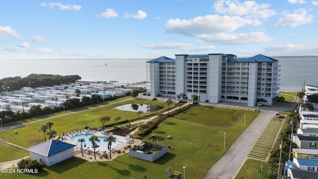 drone / aerial view with a water view