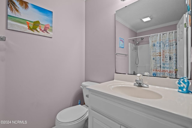 bathroom with a shower with shower curtain, crown molding, toilet, vanity, and a textured ceiling