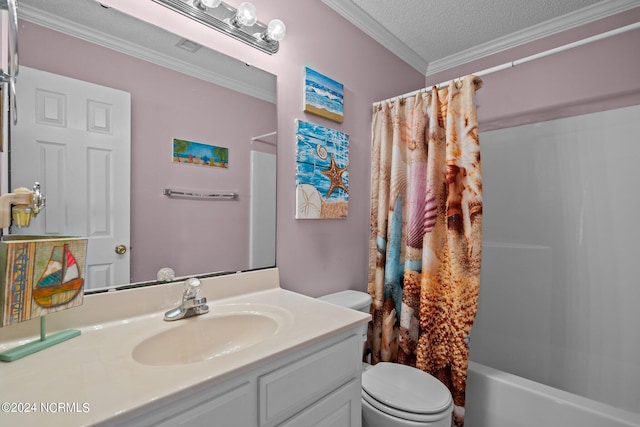 full bathroom with toilet, ornamental molding, vanity, a textured ceiling, and shower / bath combination with curtain