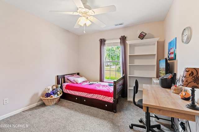 carpeted bedroom with ceiling fan