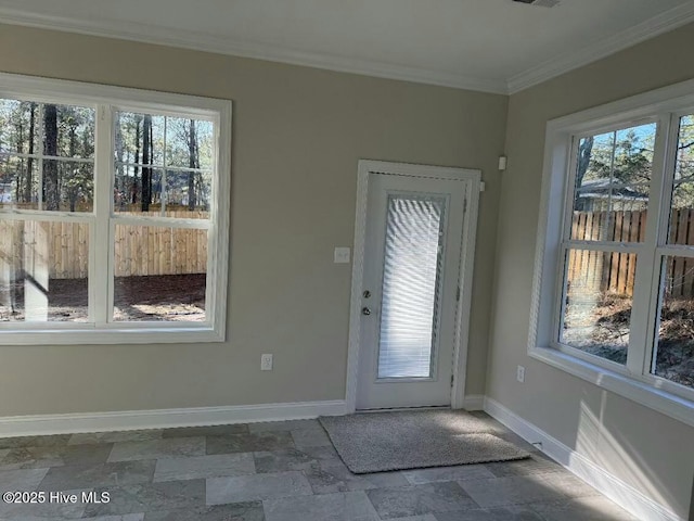 entryway with ornamental molding and a healthy amount of sunlight