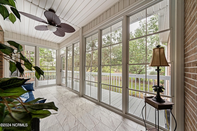 sunroom / solarium featuring wooden ceiling and ceiling fan