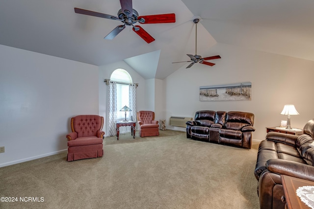 living room featuring carpet floors, a wall mounted air conditioner, vaulted ceiling, and ceiling fan