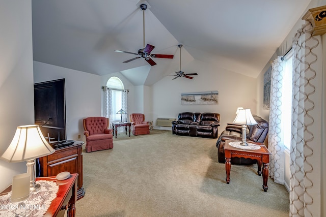 living room featuring ceiling fan, a wall mounted air conditioner, carpet, and lofted ceiling