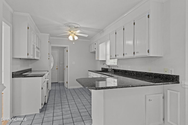 kitchen featuring ceiling fan, white cabinets, sink, kitchen peninsula, and light tile patterned flooring