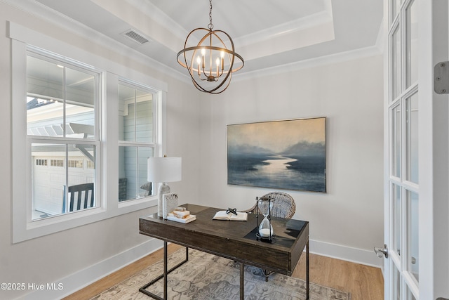 9307 Old Salem Way, Calabash, NC 28467 - office featuring wood finished floors, a chandelier, baseboards, crown molding, and a tray ceiling