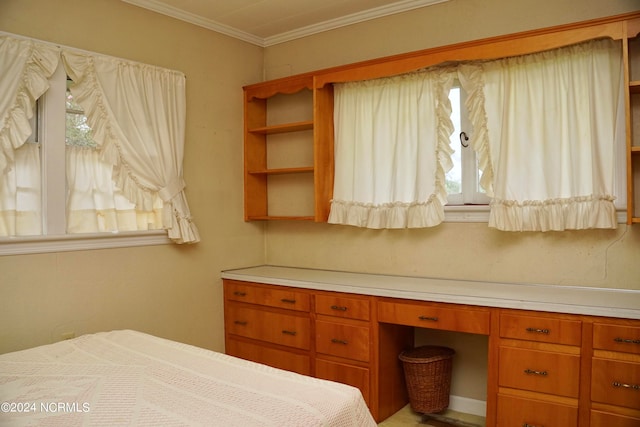 bedroom featuring built in desk, ornamental molding, and multiple windows