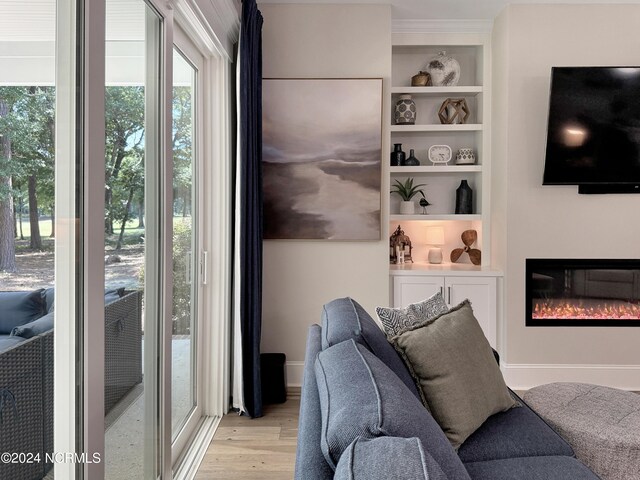 interior space featuring light hardwood / wood-style flooring and built in shelves