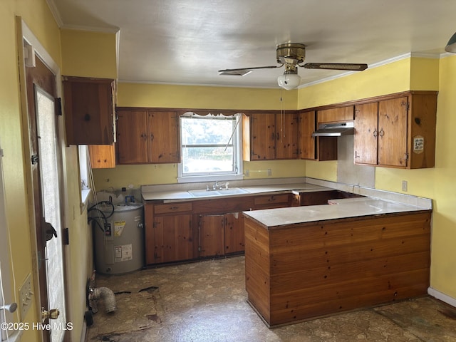 1208 S 9th St, Wilmington, NC 28401 - kitchen with a peninsula, brown cabinetry, under cabinet range hood, water heater, and a sink