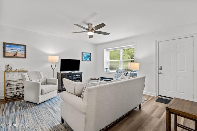 living room featuring ceiling fan and hardwood / wood-style flooring