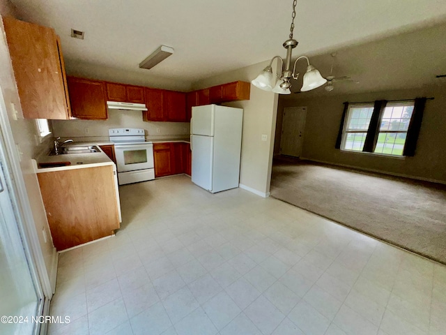 kitchen featuring sink, a notable chandelier, decorative light fixtures, light tile patterned flooring, and white appliances