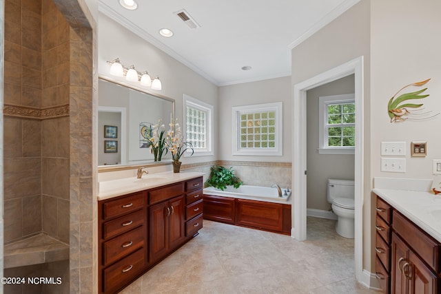 full bath with toilet, vanity, visible vents, and crown molding