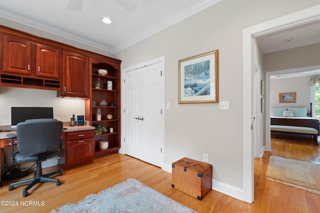 office space featuring baseboards, light wood finished floors, recessed lighting, and crown molding