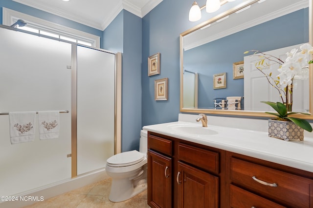 full bathroom with a stall shower, toilet, ornamental molding, tile patterned flooring, and vanity