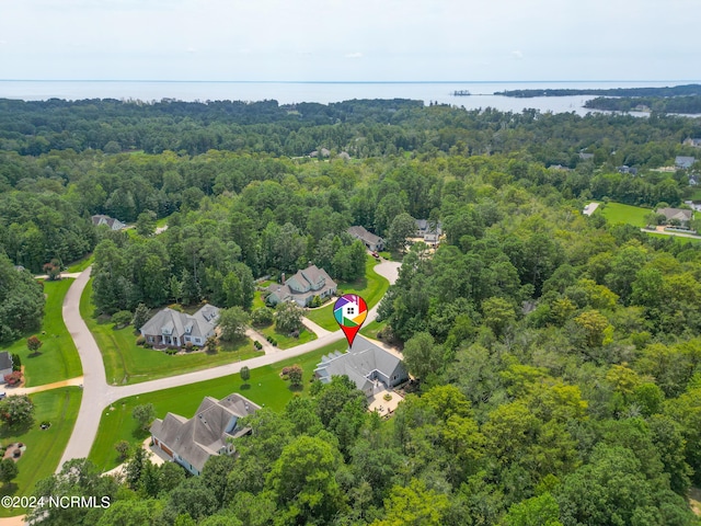 aerial view with a water view and a view of trees