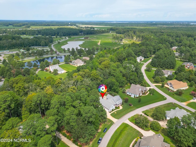 bird's eye view featuring a water view and a view of trees