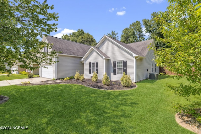 single story home with a garage, central AC, driveway, roof with shingles, and a front yard