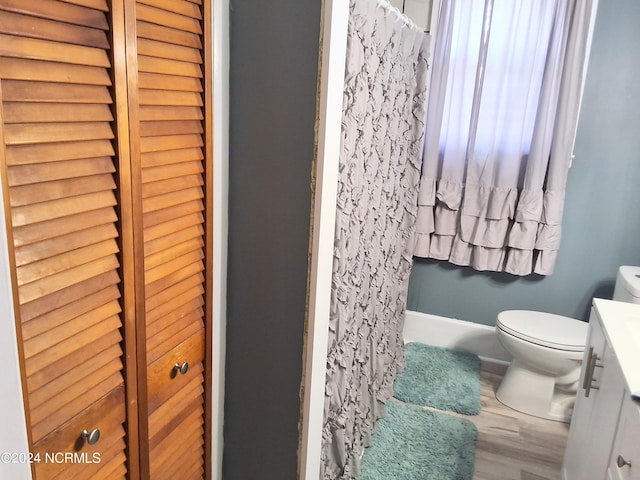 bathroom featuring a shower with shower curtain, vanity, and toilet