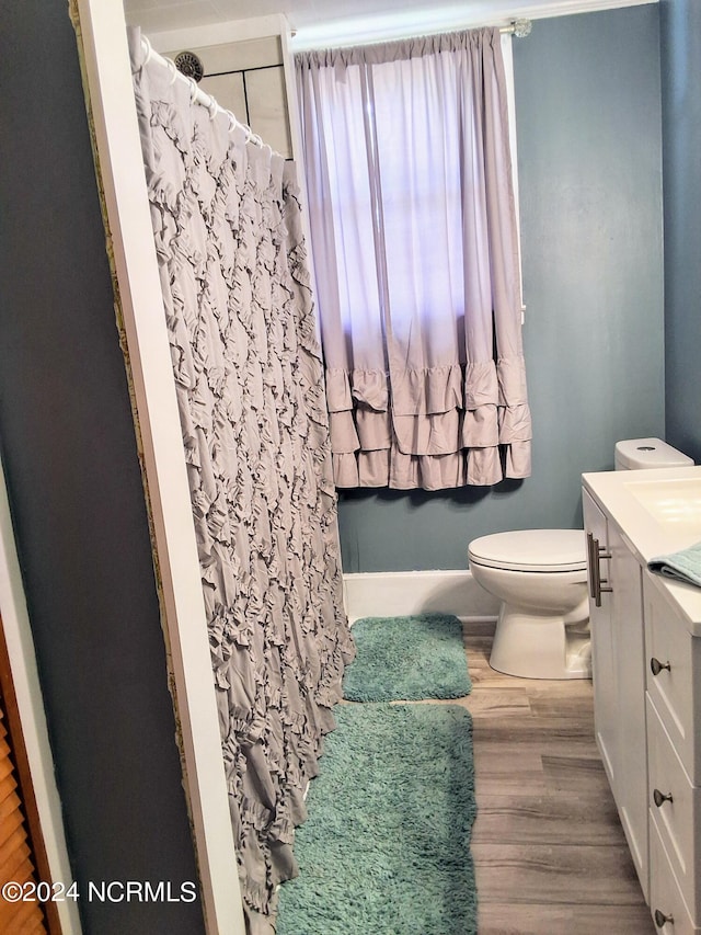 full bathroom featuring wood finished floors, a shower with shower curtain, vanity, and toilet