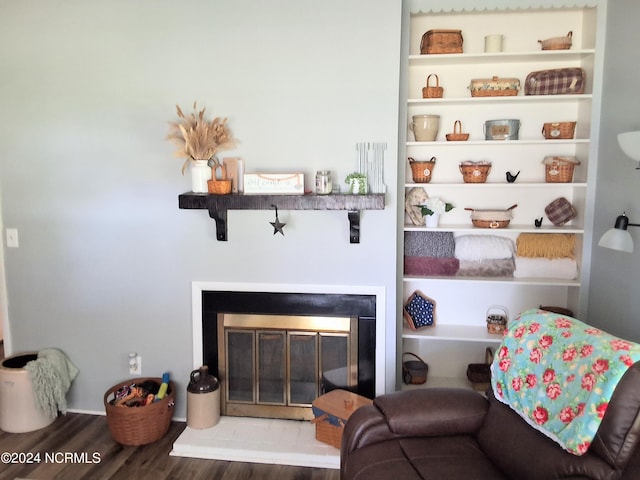 interior space with a glass covered fireplace and wood finished floors