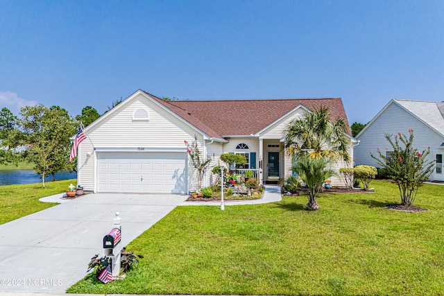 ranch-style home with a front yard and a garage