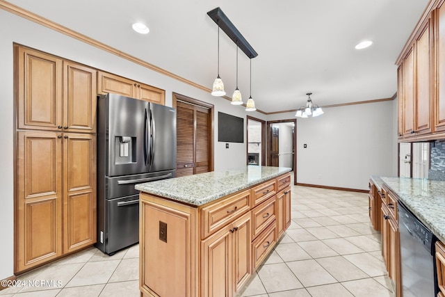 kitchen featuring stainless steel refrigerator with ice dispenser, light stone counters, a kitchen island, and dishwasher