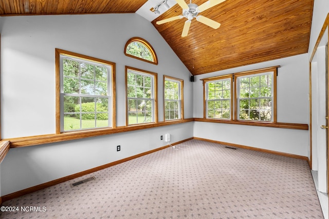 unfurnished sunroom with ceiling fan, lofted ceiling, and wood ceiling