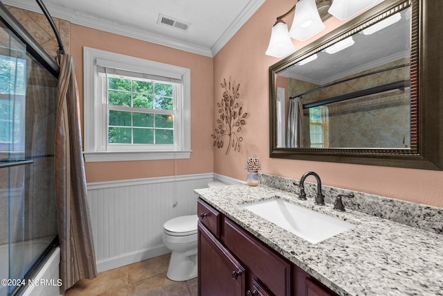 full bathroom with toilet, tile patterned flooring, vanity, shower / tub combo, and crown molding