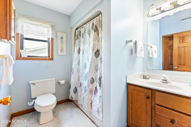 bathroom with tile patterned flooring, walk in shower, vanity, and toilet