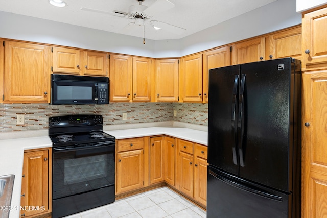 kitchen with black appliances, light tile patterned floors, backsplash, and ceiling fan