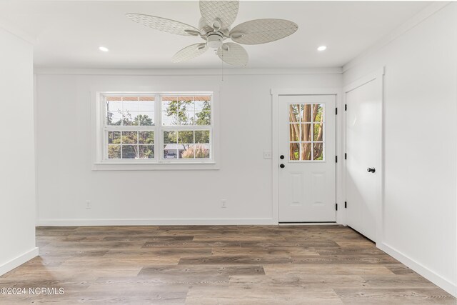 foyer entrance featuring ceiling fan and wood-type flooring