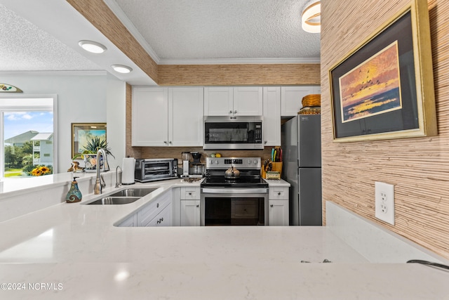 kitchen with a textured ceiling, stainless steel appliances, a sink, and crown molding