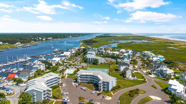 drone / aerial view featuring a water view