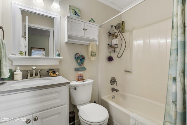 full bathroom featuring a textured ceiling, vanity, toilet, and shower / bath combination with curtain