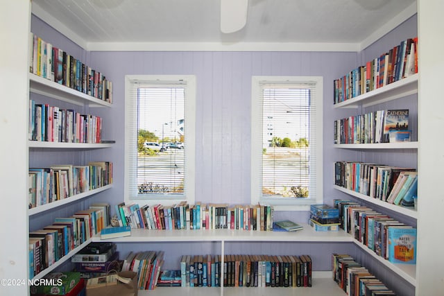 room details with ceiling fan and wood walls