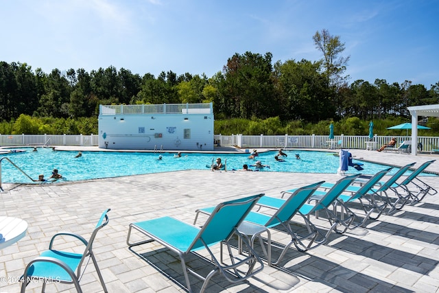 view of swimming pool featuring a patio area