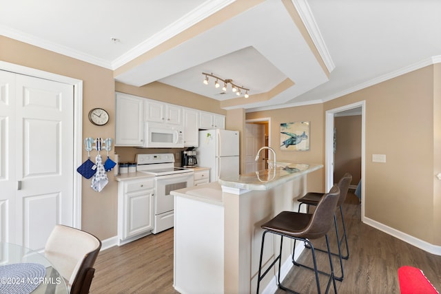 kitchen with hardwood / wood-style floors, white cabinetry, rail lighting, an island with sink, and white appliances