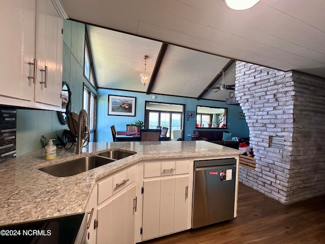 kitchen featuring white cabinetry, sink, dark wood-type flooring, lofted ceiling with beams, and kitchen peninsula